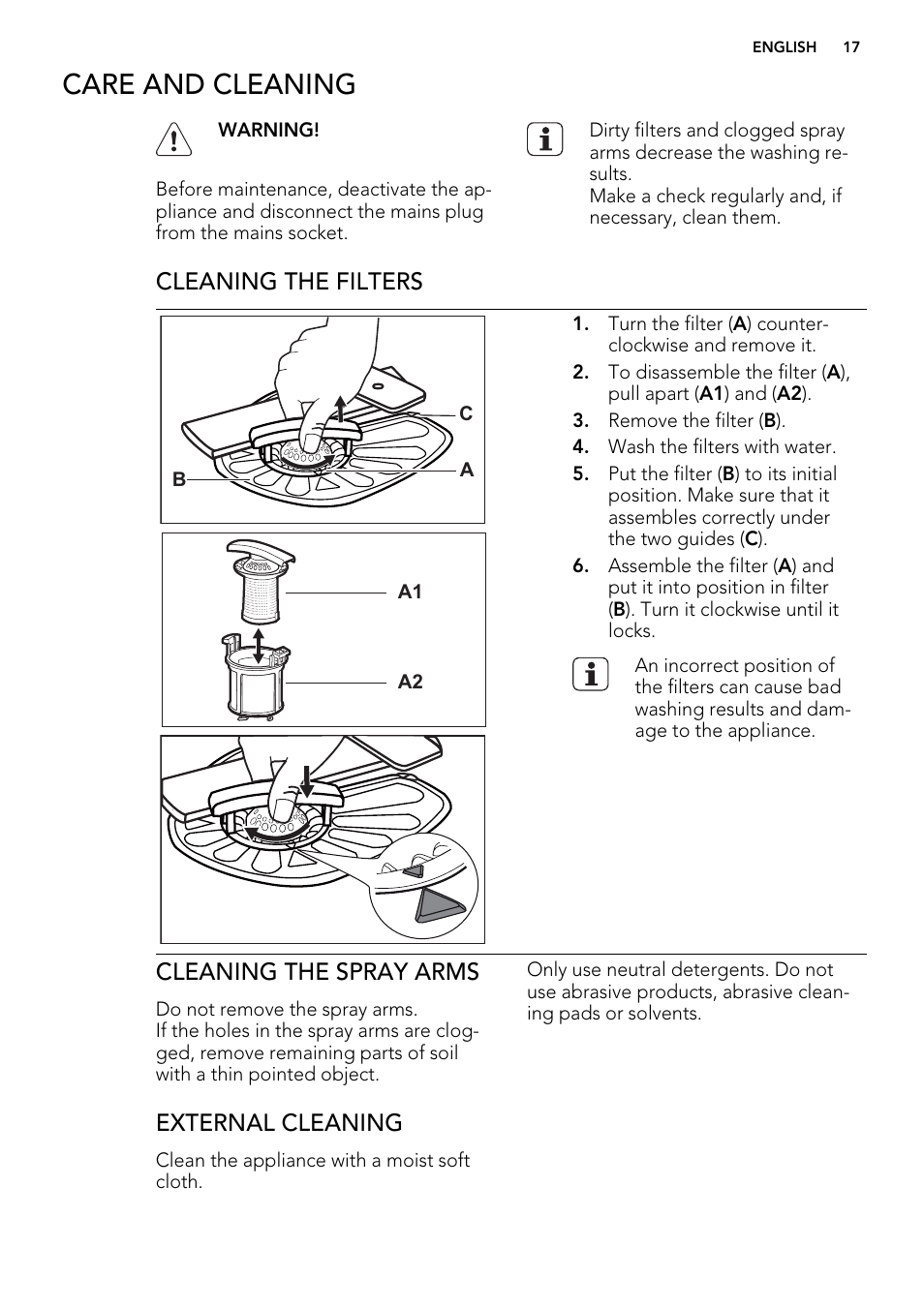 Care and cleaning, Cleaning the filters, Cleaning the spray arms | External cleaning | AEG F99009M0P User Manual | Page 17 / 24