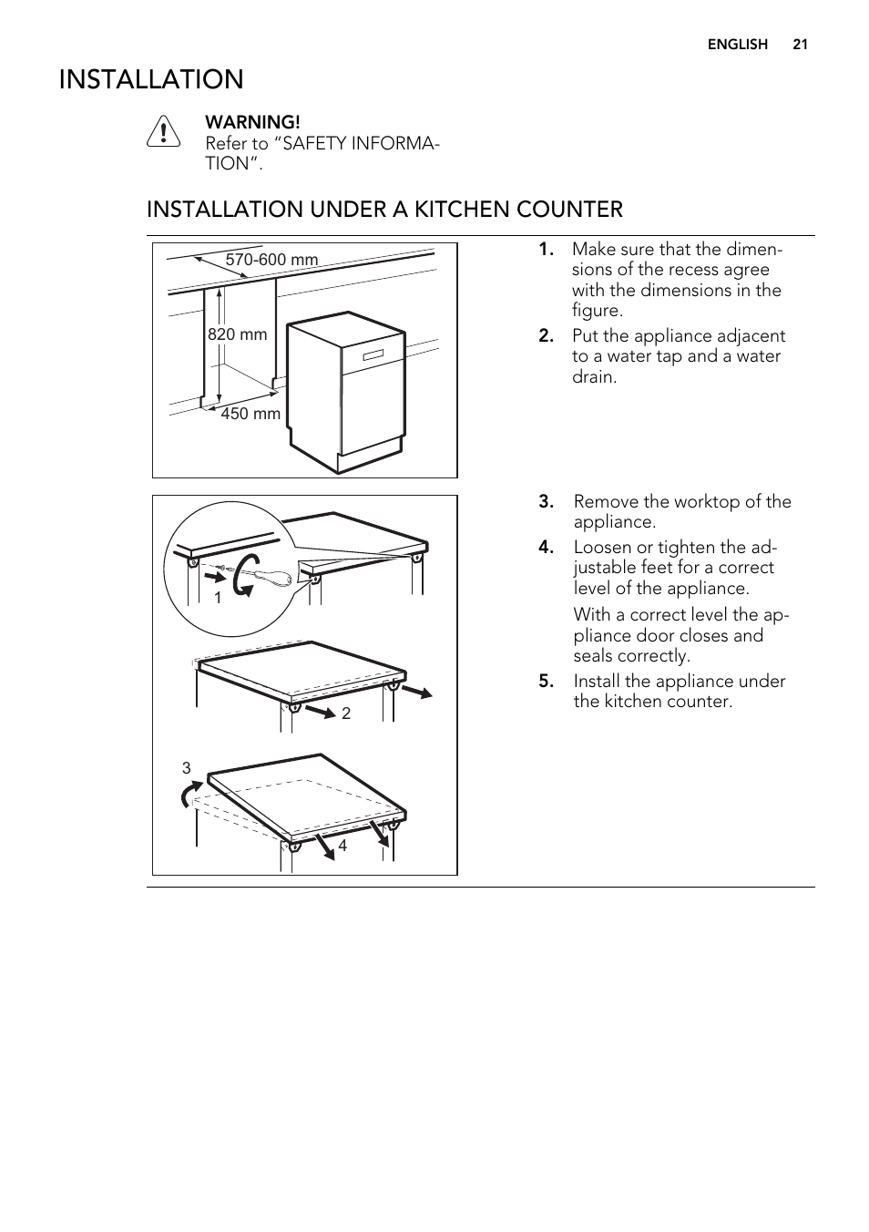 Installation, Installation under a kitchen counter | AEG F99009M0P User Manual | Page 21 / 24