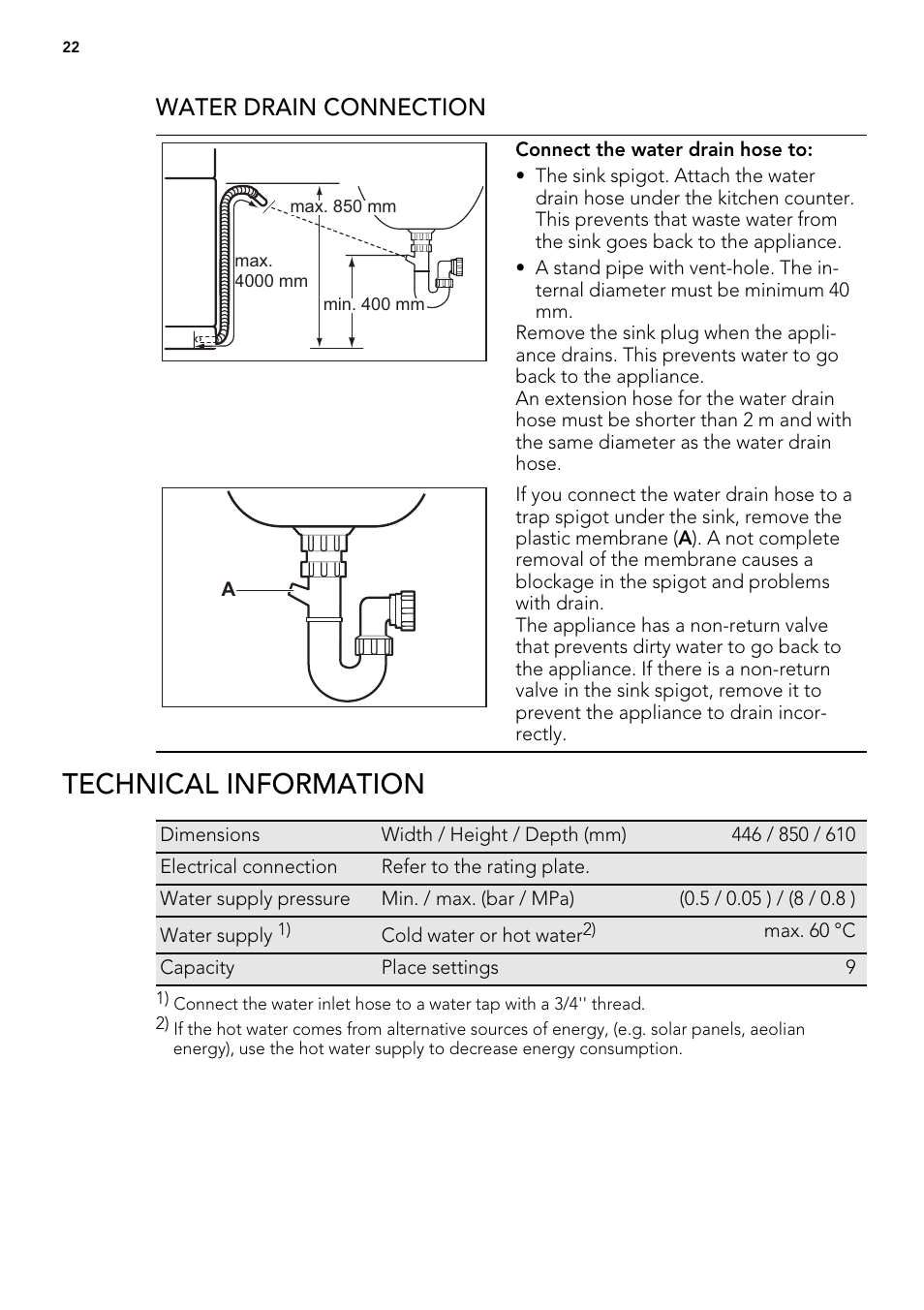 Technical information, Water drain connection | AEG F99009M0P User Manual | Page 22 / 24