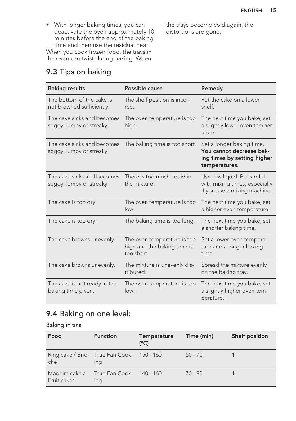 3 tips on baking, 4 baking on one level | AEG BS9314001M User Manual | Page 15 / 32