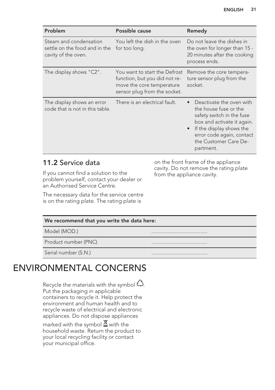 2 service data, Environmental concerns | AEG BS9314001M User Manual | Page 31 / 32