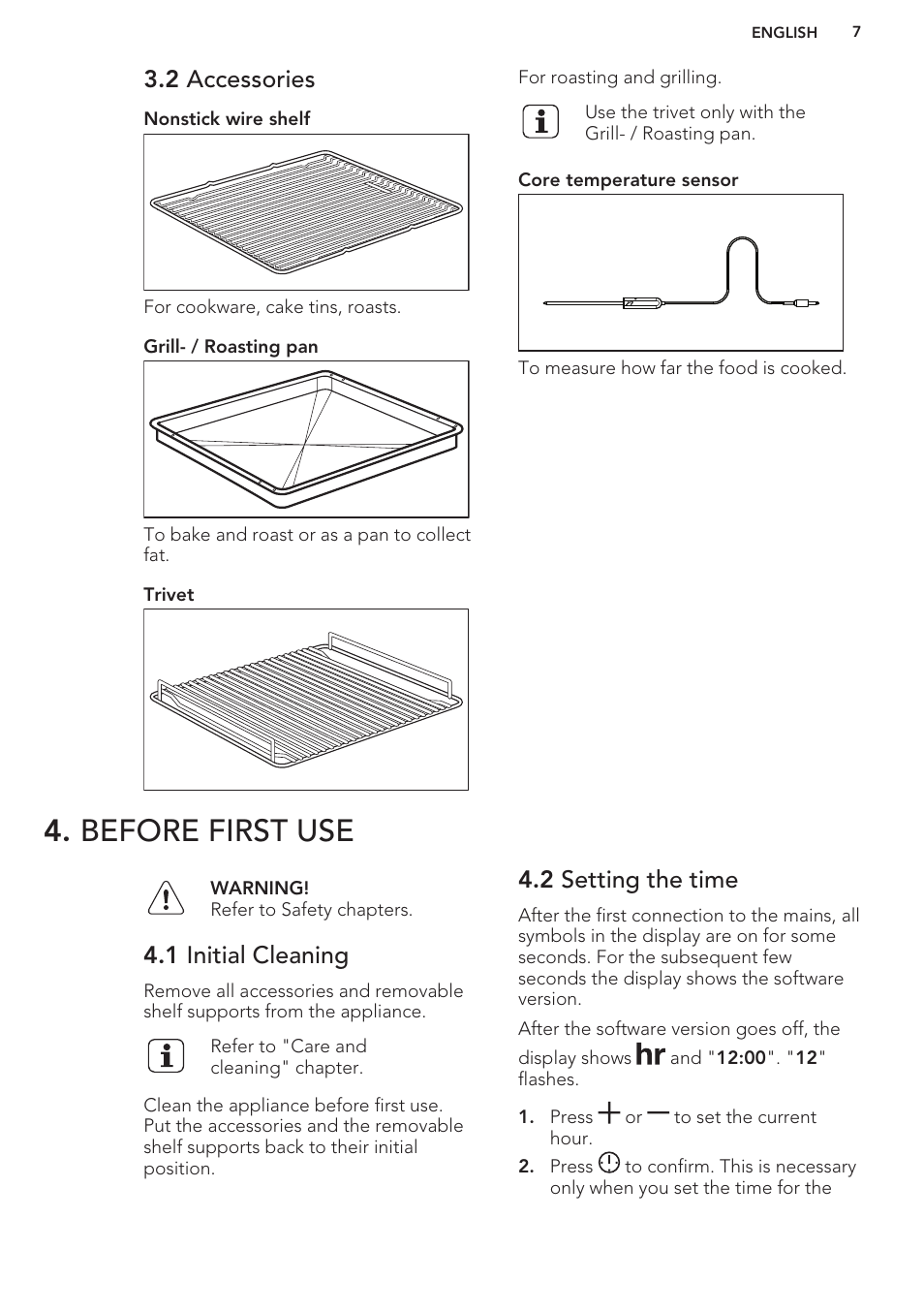 2 accessories, Before first use, 1 initial cleaning | 2 setting the time | AEG BS9314001M User Manual | Page 7 / 32