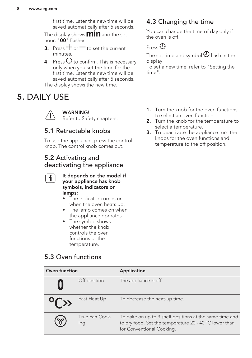 3 changing the time, Daily use, 1 retractable knobs | 2 activating and deactivating the appliance, 3 oven functions | AEG BS9314001M User Manual | Page 8 / 32