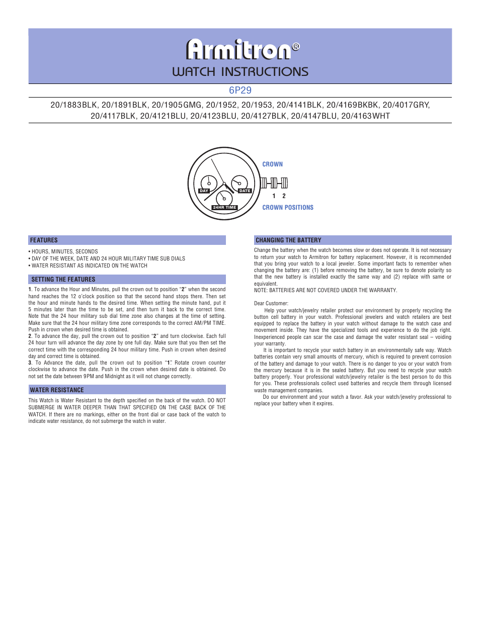 Armitronanalogsubdials2.pdf, Armitron, Tron | Watch instructions, 6p29 | Armitron 6P89 User Manual | Page 2 / 2