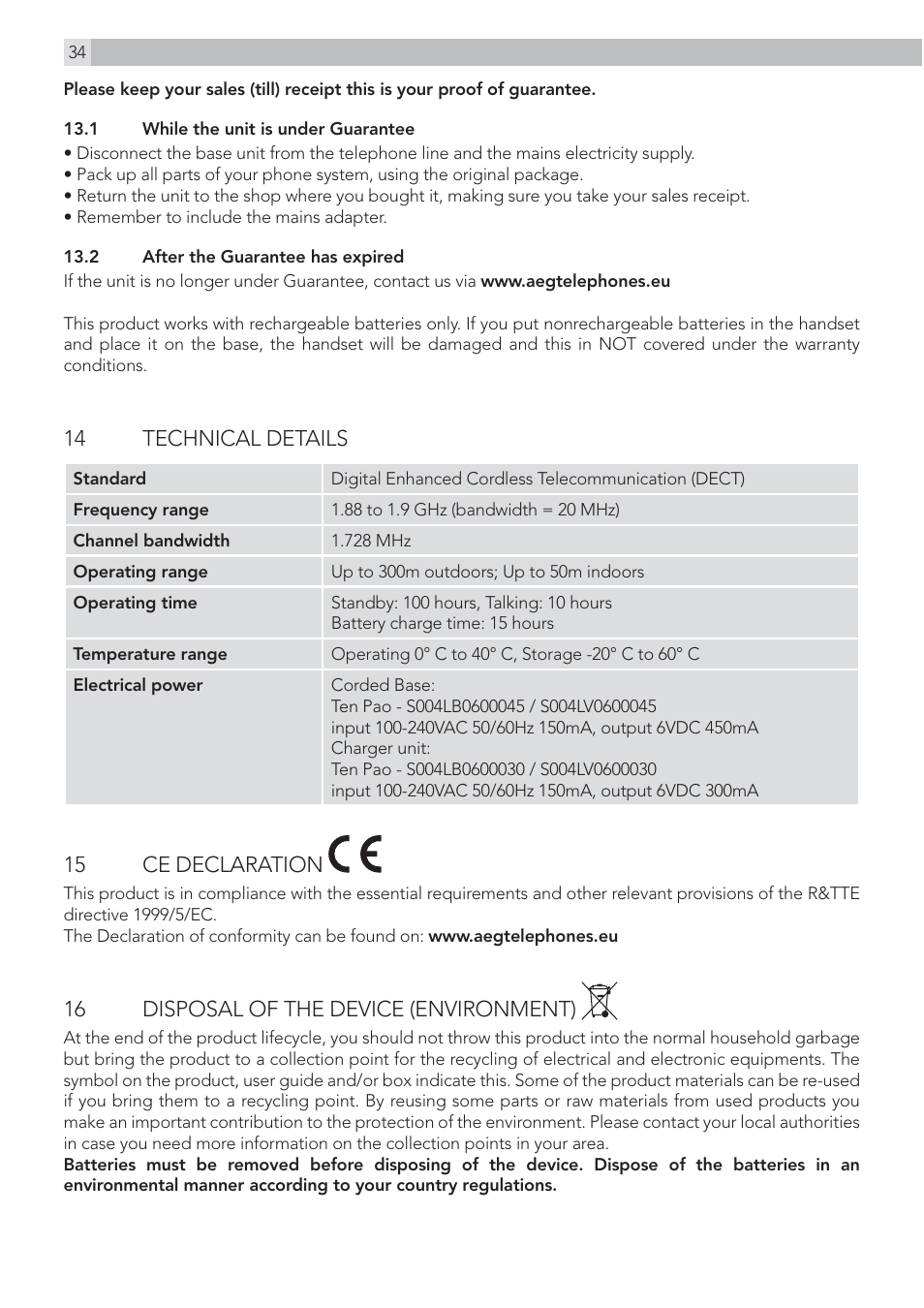 AEG Voxtel D215 combo User Manual | Page 34 / 36