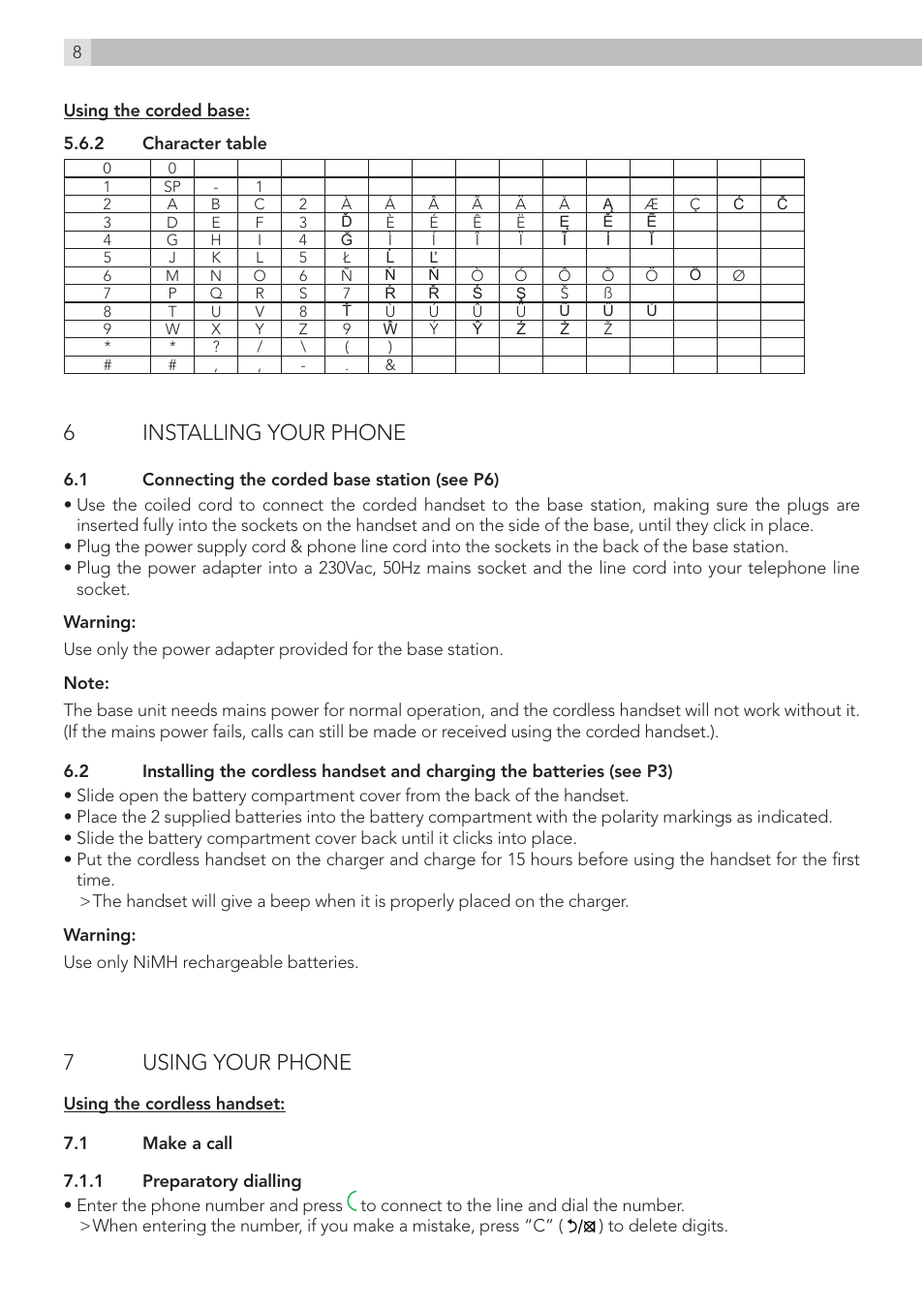 6installing your phone, 7using your phone | AEG Voxtel D215 combo User Manual | Page 8 / 36