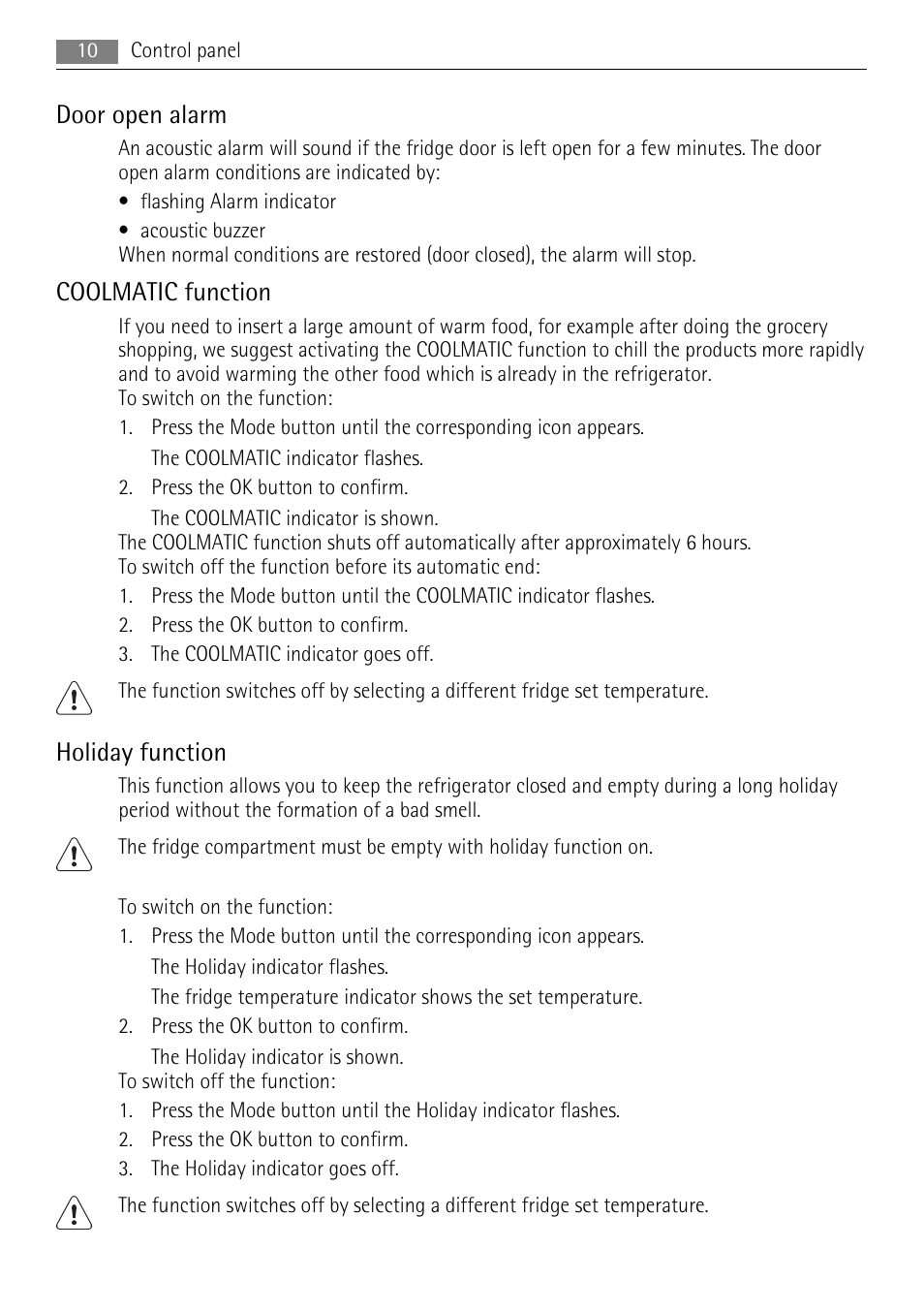 Door open alarm, Coolmatic function, Holiday function | AEG S96090XVM1 User Manual | Page 10 / 28