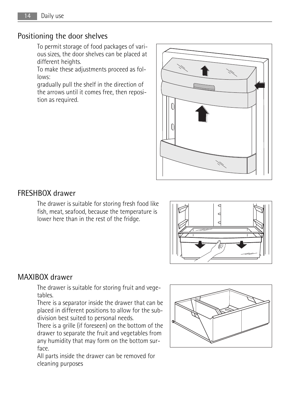 Positioning the door shelves, Freshbox drawer, Maxibox drawer | AEG S96090XVM1 User Manual | Page 14 / 28