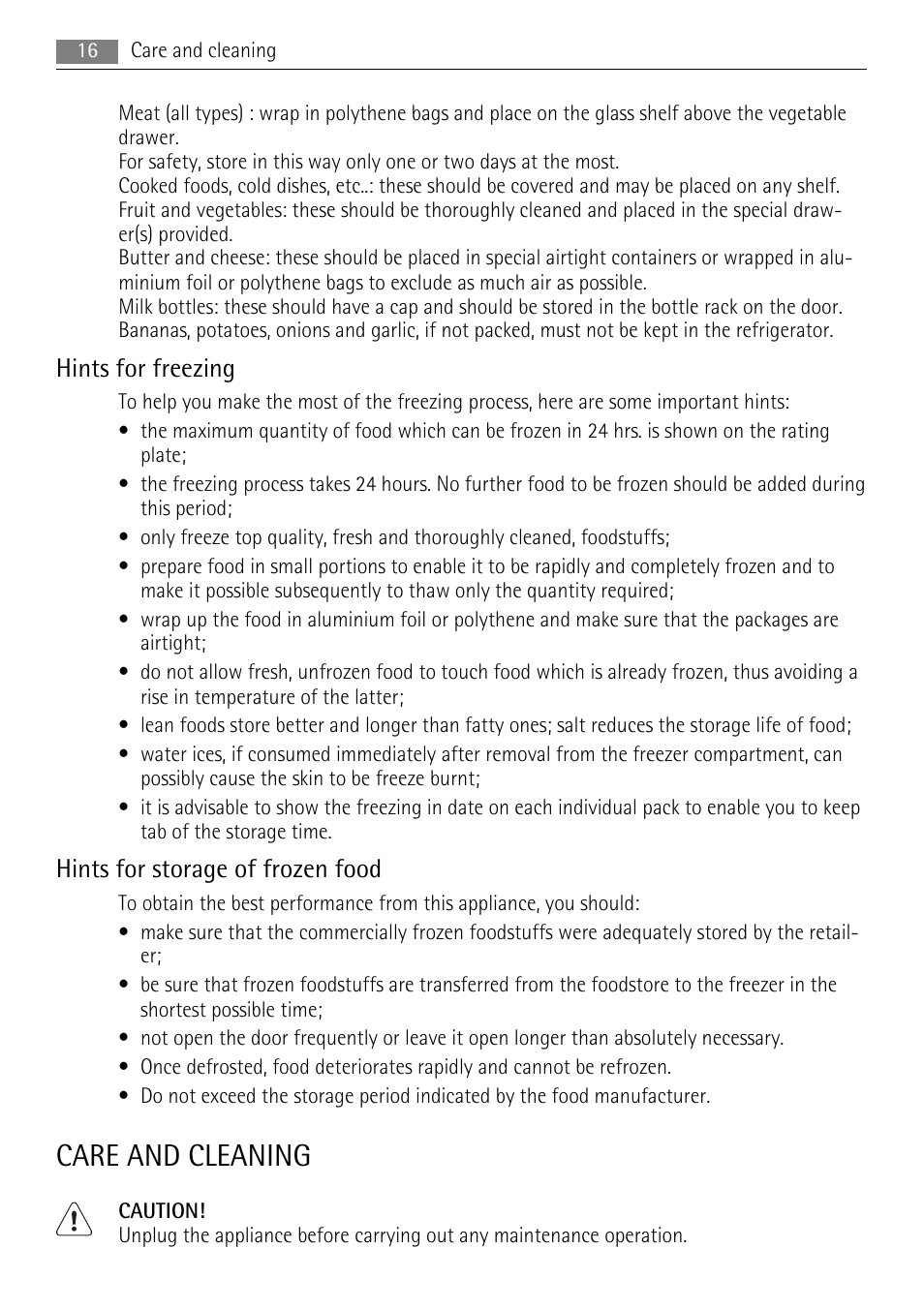 Care and cleaning, Hints for freezing, Hints for storage of frozen food | AEG S96090XVM1 User Manual | Page 16 / 28