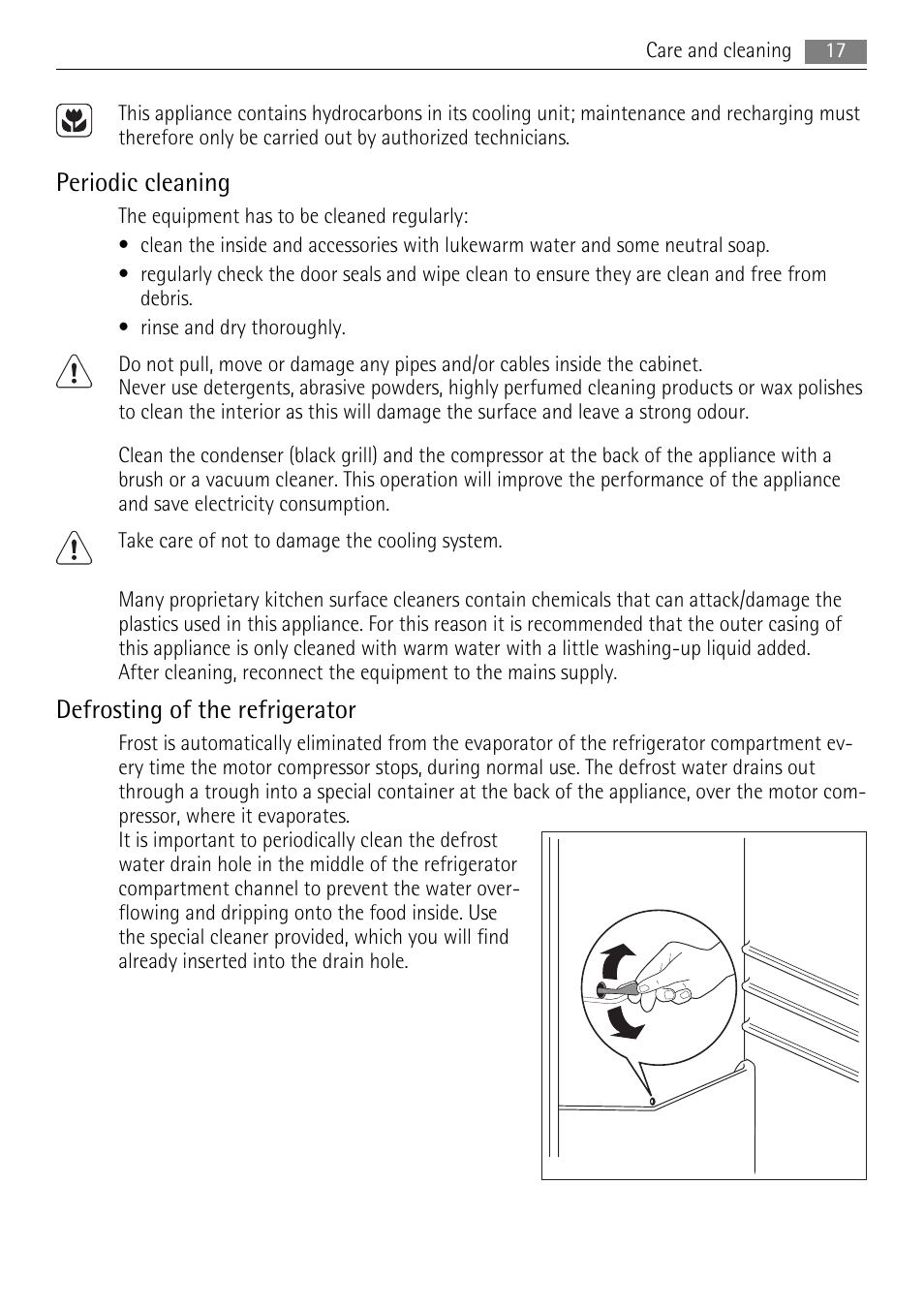 Periodic cleaning, Defrosting of the refrigerator | AEG S96090XVM1 User Manual | Page 17 / 28