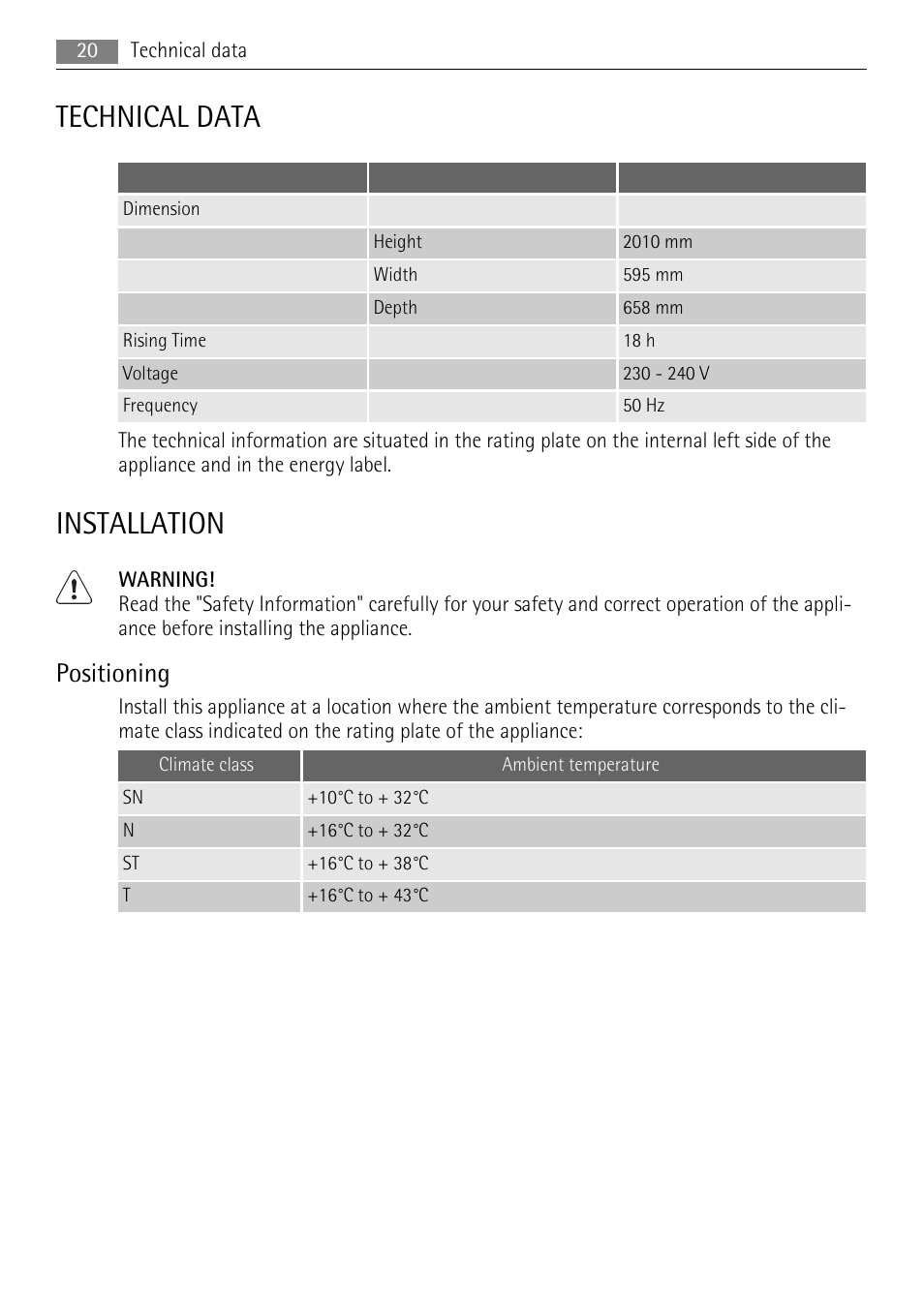 Technical data, Installation, Positioning | AEG S96090XVM1 User Manual | Page 20 / 28