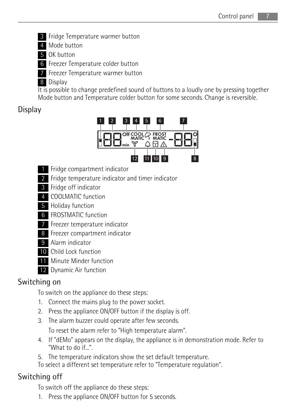 Display, Switching on, Switching off | AEG S96090XVM1 User Manual | Page 7 / 28