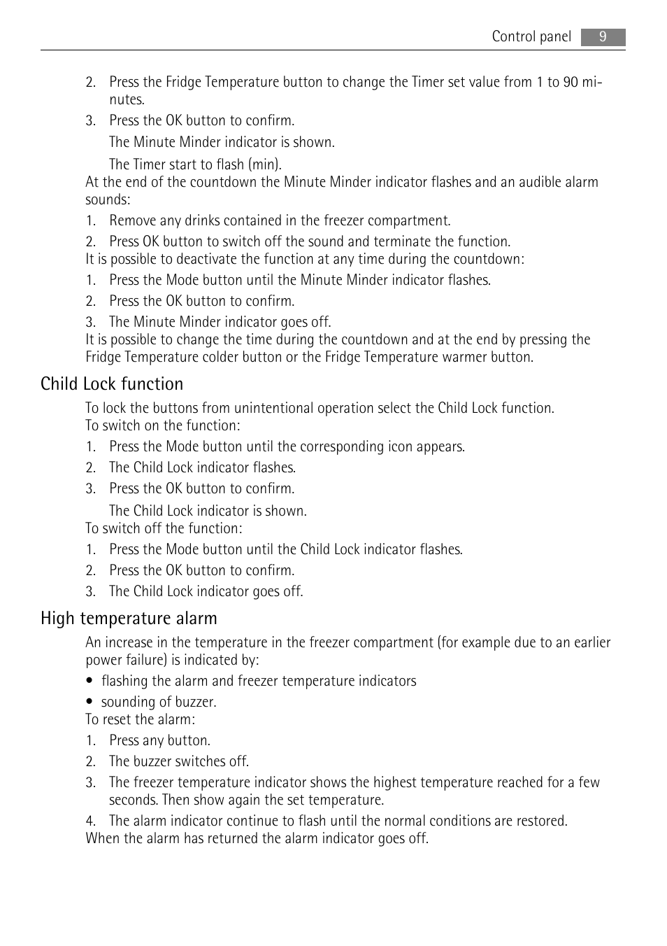 Child lock function, High temperature alarm | AEG S96090XVM1 User Manual | Page 9 / 28
