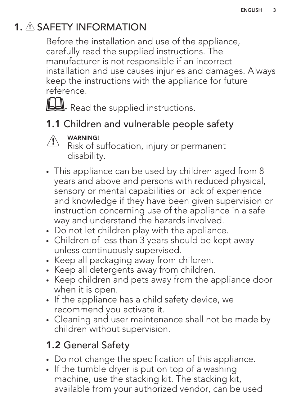 Safety information, 1 children and vulnerable people safety, 2 general safety | AEG T88595IS User Manual | Page 3 / 28