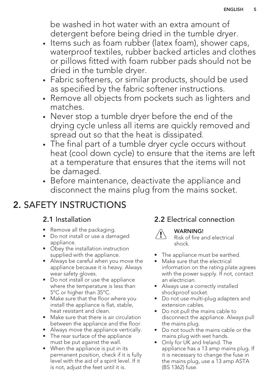 Safety instructions, 1 installation, 2 electrical connection | AEG T88595IS User Manual | Page 5 / 28