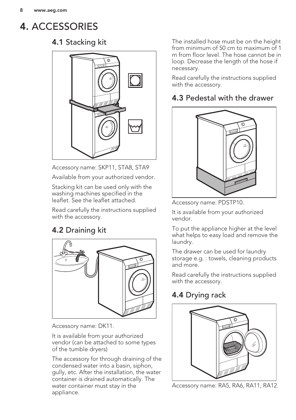 Accessories, 1 stacking kit, 2 draining kit | 3 pedestal with the drawer, 4 drying rack | AEG T88595IS User Manual | Page 8 / 28