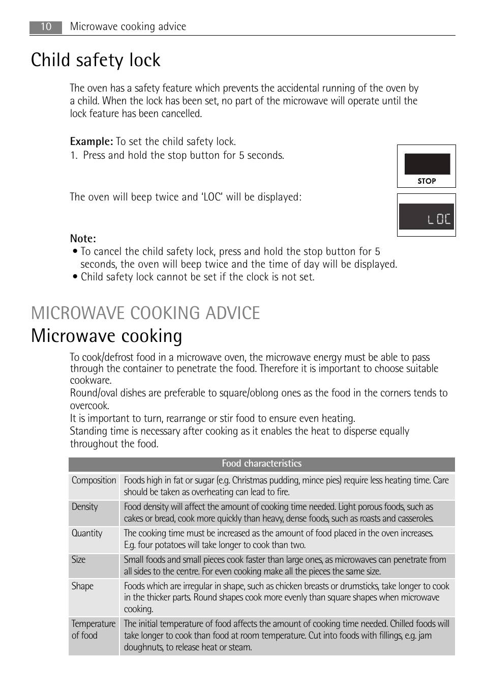 Child safety lock, Microwave cooking, Microwave cooking advice | AEG MCD1763E-M User Manual | Page 10 / 40