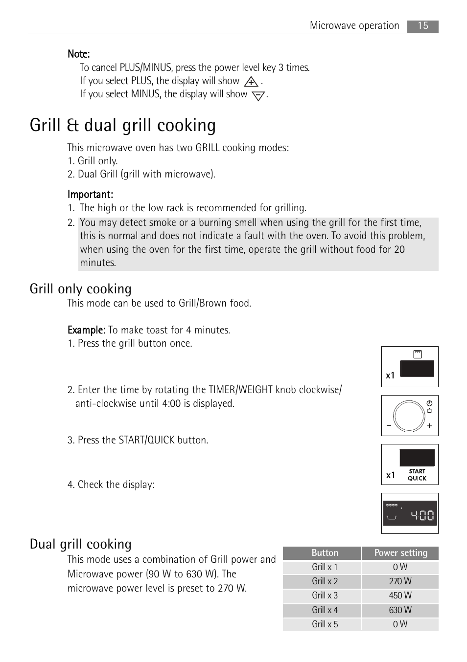 Grill & dual grill cooking, Grill only cooking, Dual grill cooking | AEG MCD1763E-M User Manual | Page 15 / 40