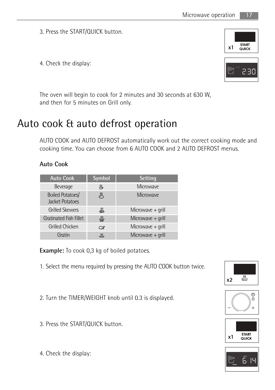 Auto cook & auto defrost operation | AEG MCD1763E-M User Manual | Page 17 / 40