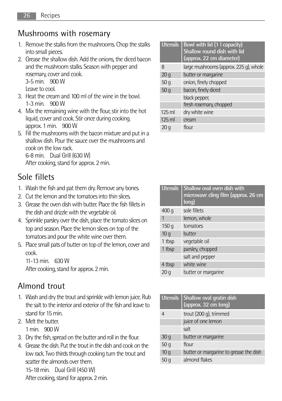 Mushrooms with rosemary, Sole fillets, Almond trout | AEG MCD1763E-M User Manual | Page 26 / 40