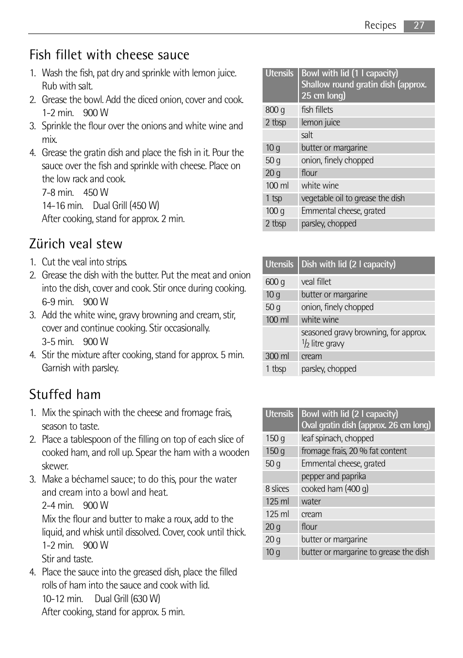 Fish fillet with cheese sauce, Zürich veal stew, Stuffed ham | AEG MCD1763E-M User Manual | Page 27 / 40