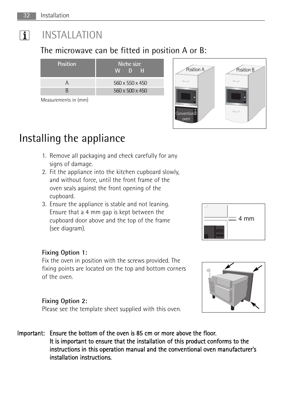 Installing the appliance, Installation, The microwave can be fitted in position a or b | AEG MCD1763E-M User Manual | Page 32 / 40