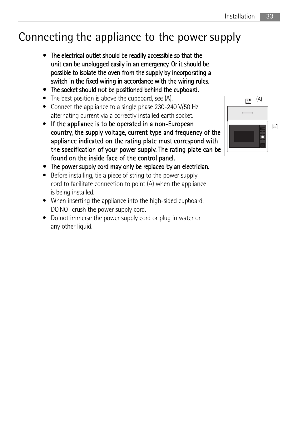 Connecting the appliance to the power supply | AEG MCD1763E-M User Manual | Page 33 / 40
