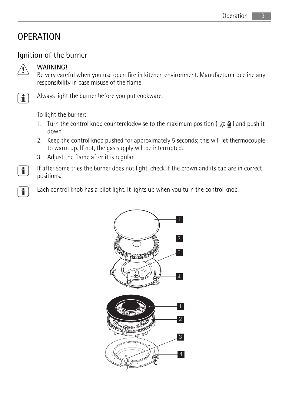 Operation, Ignition of the burner | AEG HG995440NB User Manual | Page 13 / 24