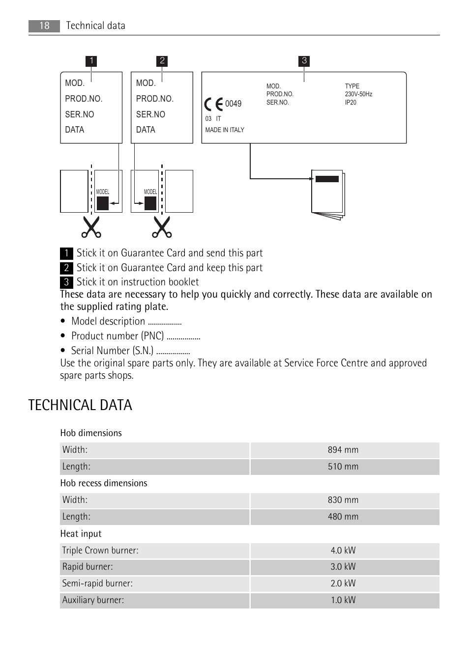 Technical data | AEG HG995440NB User Manual | Page 18 / 24