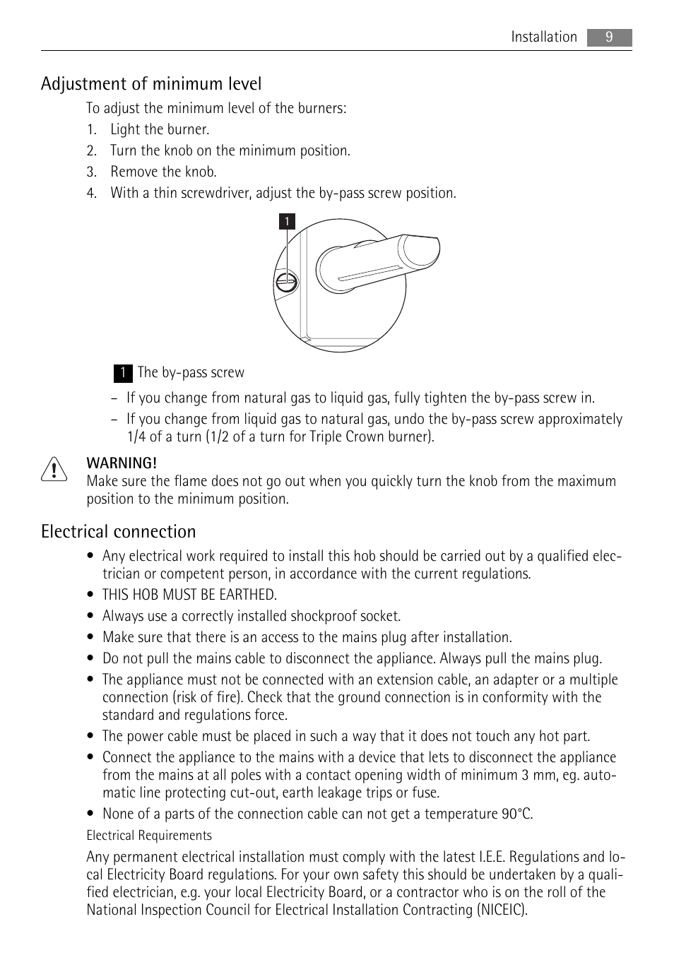 Adjustment of minimum level, Electrical connection | AEG HG995440NB User Manual | Page 9 / 24