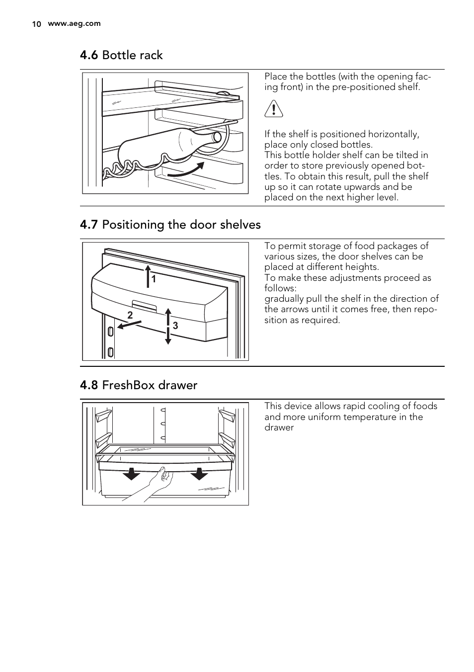 6 bottle rack, 7 positioning the door shelves, 8 freshbox drawer | AEG S83200CMW0 User Manual | Page 10 / 60