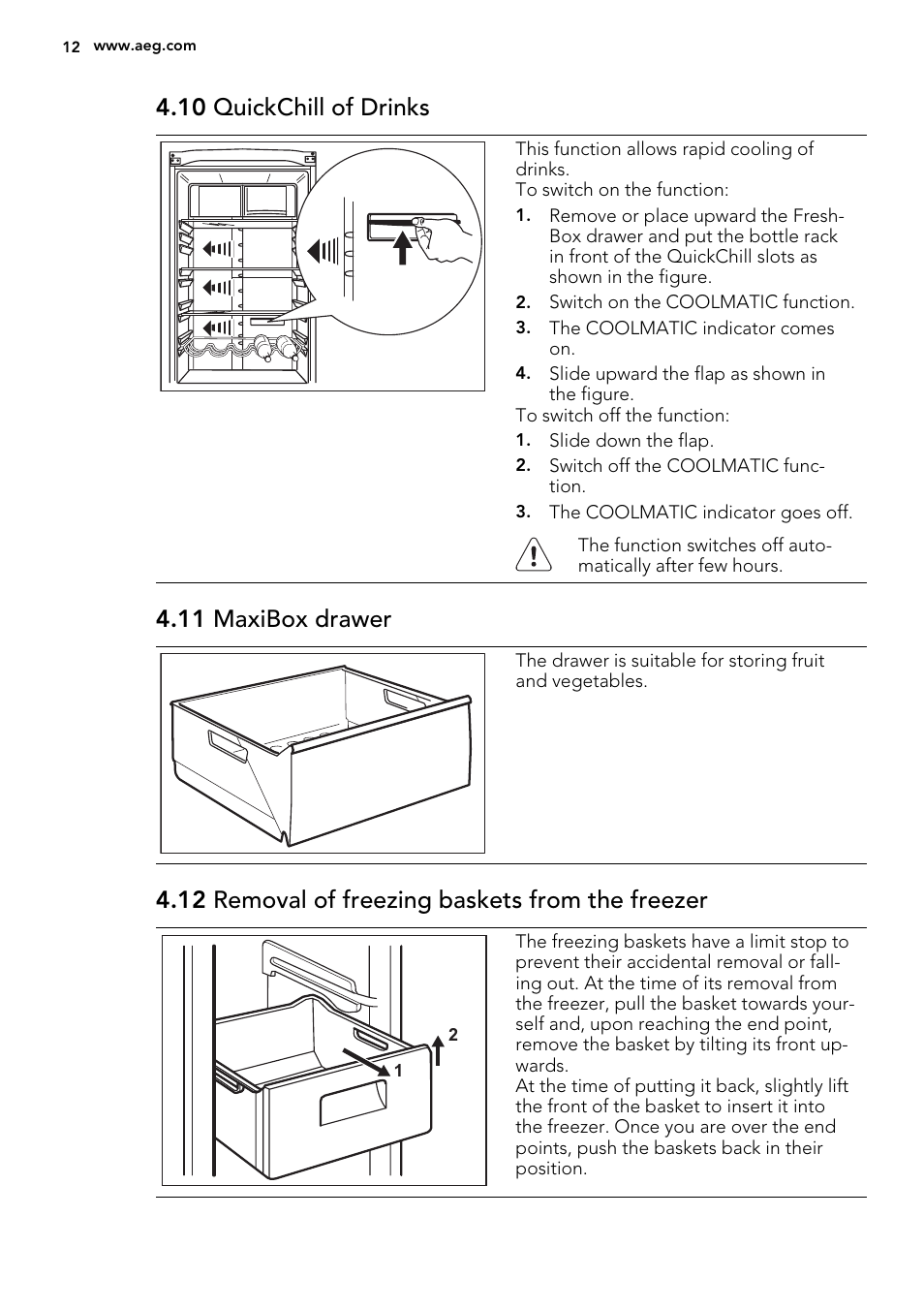 10 quickchill of drinks, 11 maxibox drawer, 12 removal of freezing baskets from the freezer | AEG S83200CMW0 User Manual | Page 12 / 60