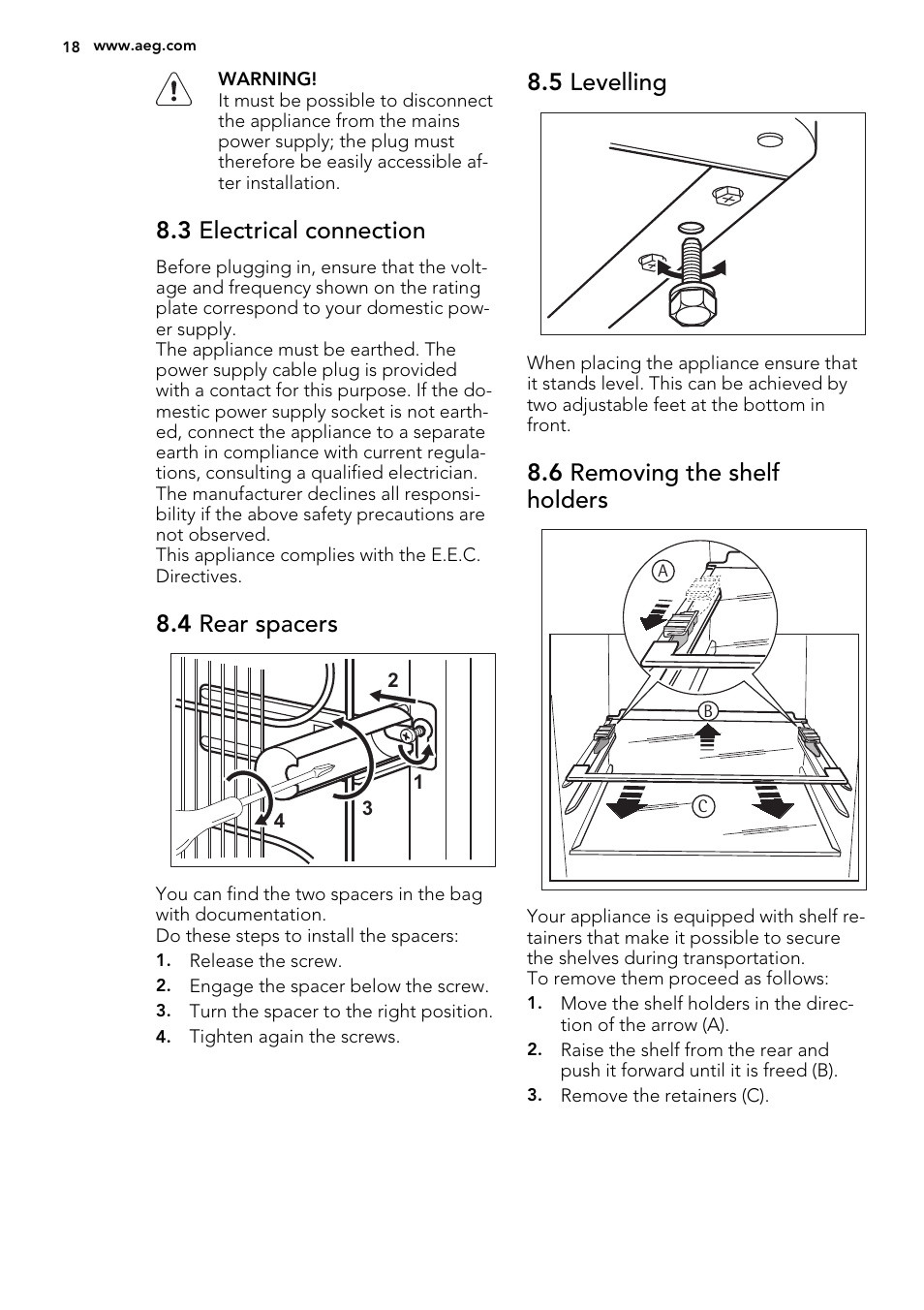 3 electrical connection, 4 rear spacers, 5 levelling | 6 removing the shelf holders | AEG S83200CMW0 User Manual | Page 18 / 60