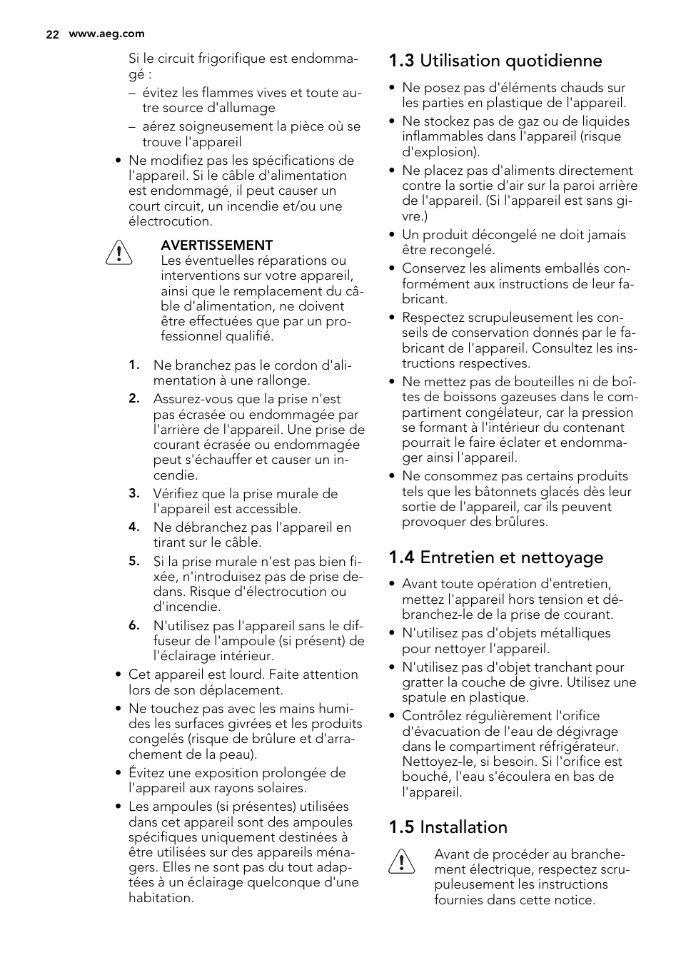 3 utilisation quotidienne, 4 entretien et nettoyage, 5 installation | AEG S83200CMW0 User Manual | Page 22 / 60