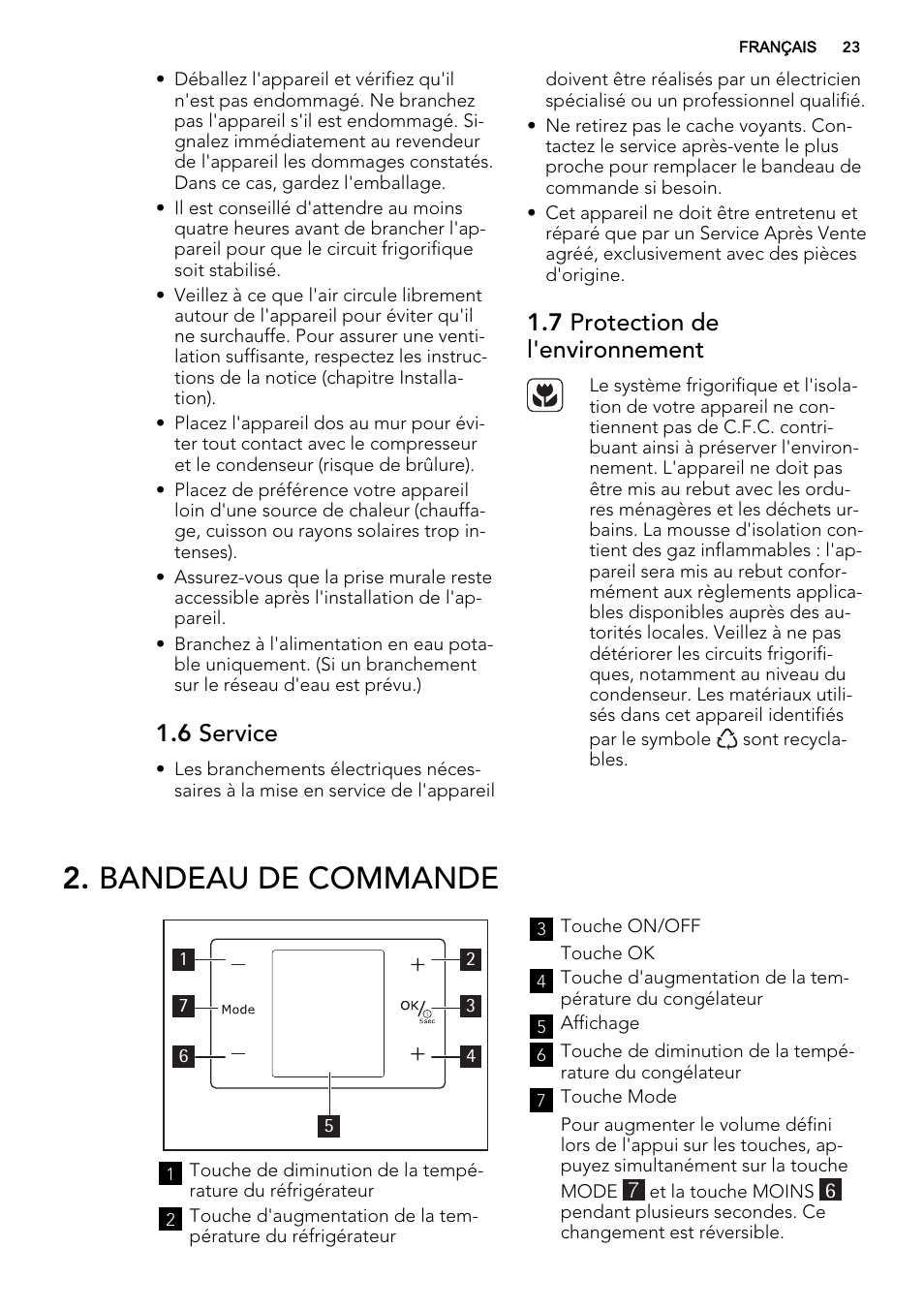 Bandeau de commande, 6 service, 7 protection de l'environnement | AEG S83200CMW0 User Manual | Page 23 / 60
