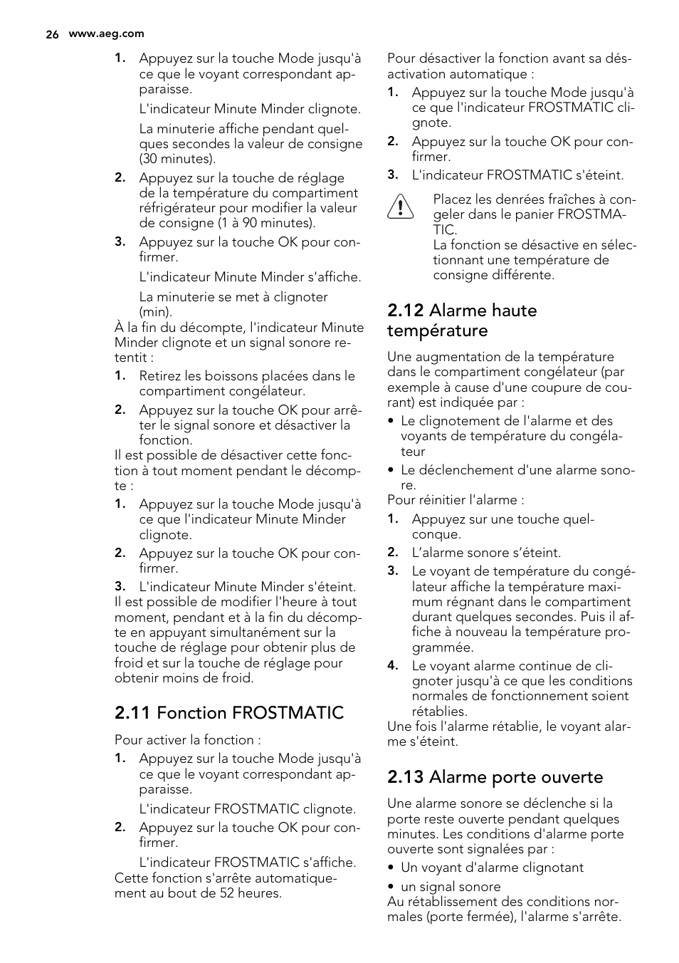 11 fonction frostmatic, 12 alarme haute température, 13 alarme porte ouverte | AEG S83200CMW0 User Manual | Page 26 / 60