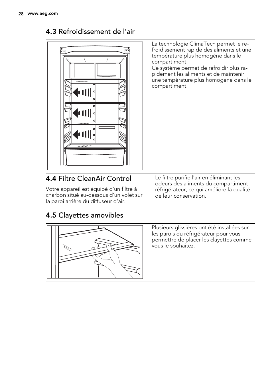 3 refroidissement de l'air, 4 filtre cleanair control, 5 clayettes amovibles | AEG S83200CMW0 User Manual | Page 28 / 60