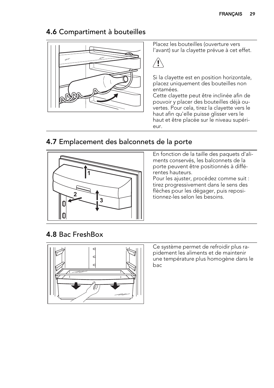 6 compartiment à bouteilles, 7 emplacement des balconnets de la porte, 8 bac freshbox | AEG S83200CMW0 User Manual | Page 29 / 60