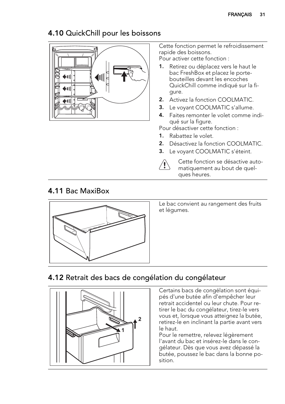 10 quickchill pour les boissons, 11 bac maxibox, 12 retrait des bacs de congélation du congélateur | AEG S83200CMW0 User Manual | Page 31 / 60