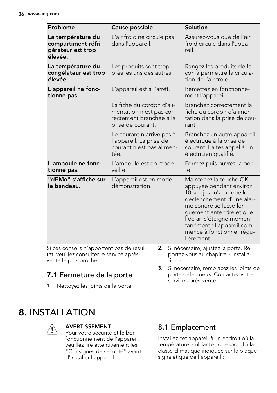 Installation, 1 fermeture de la porte, 1 emplacement | AEG S83200CMW0 User Manual | Page 36 / 60