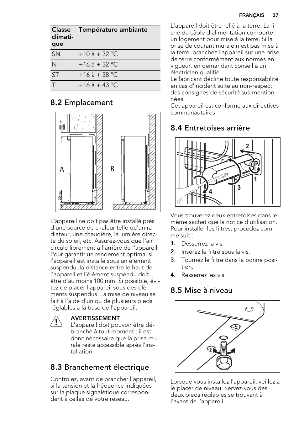 2 emplacement, 3 branchement électrique, 4 entretoises arrière | 5 mise à niveau | AEG S83200CMW0 User Manual | Page 37 / 60