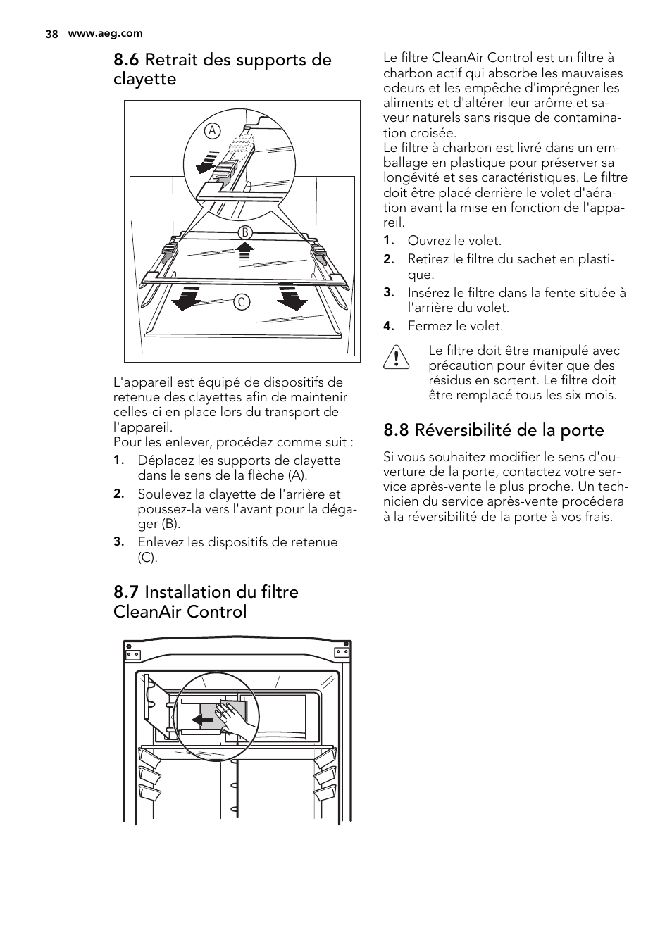 6 retrait des supports de clayette, 7 installation du filtre cleanair control, 8 réversibilité de la porte | AEG S83200CMW0 User Manual | Page 38 / 60