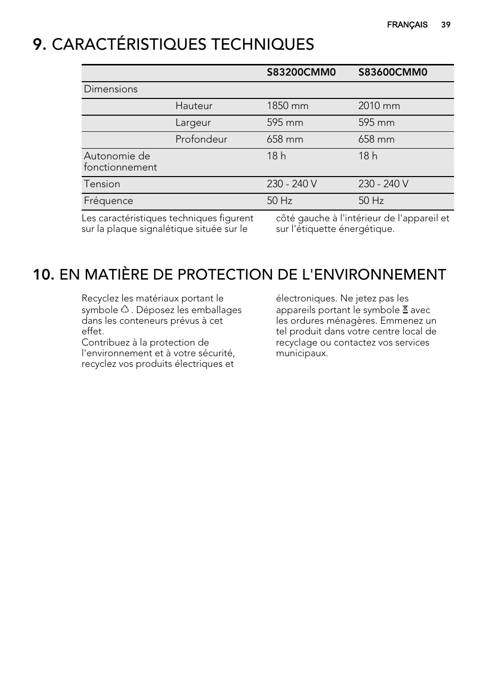 Caractéristiques techniques, En matière de protection de l'environnement | AEG S83200CMW0 User Manual | Page 39 / 60