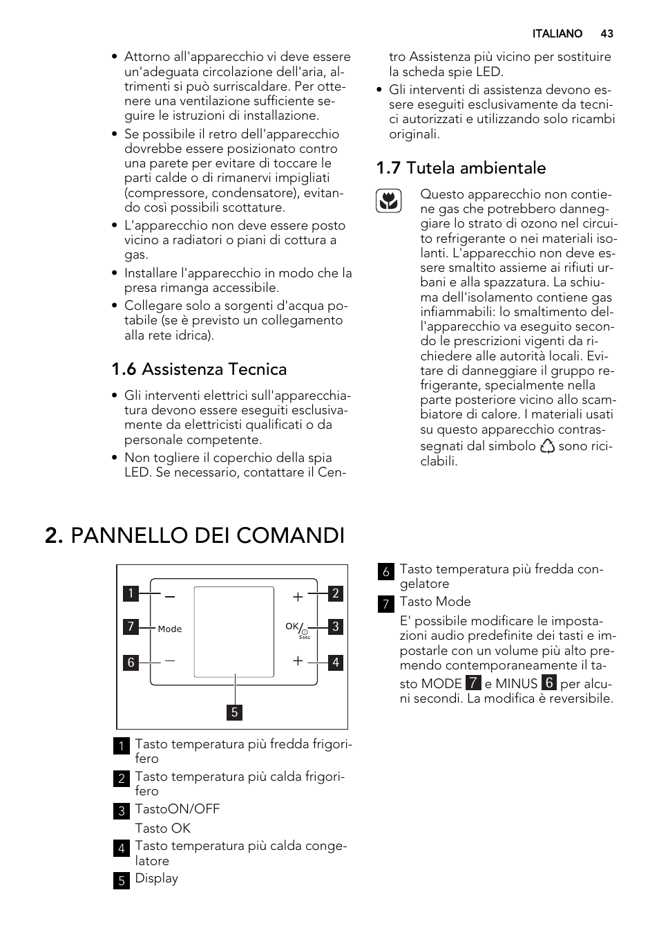Pannello dei comandi, 6 assistenza tecnica, 7 tutela ambientale | AEG S83200CMW0 User Manual | Page 43 / 60
