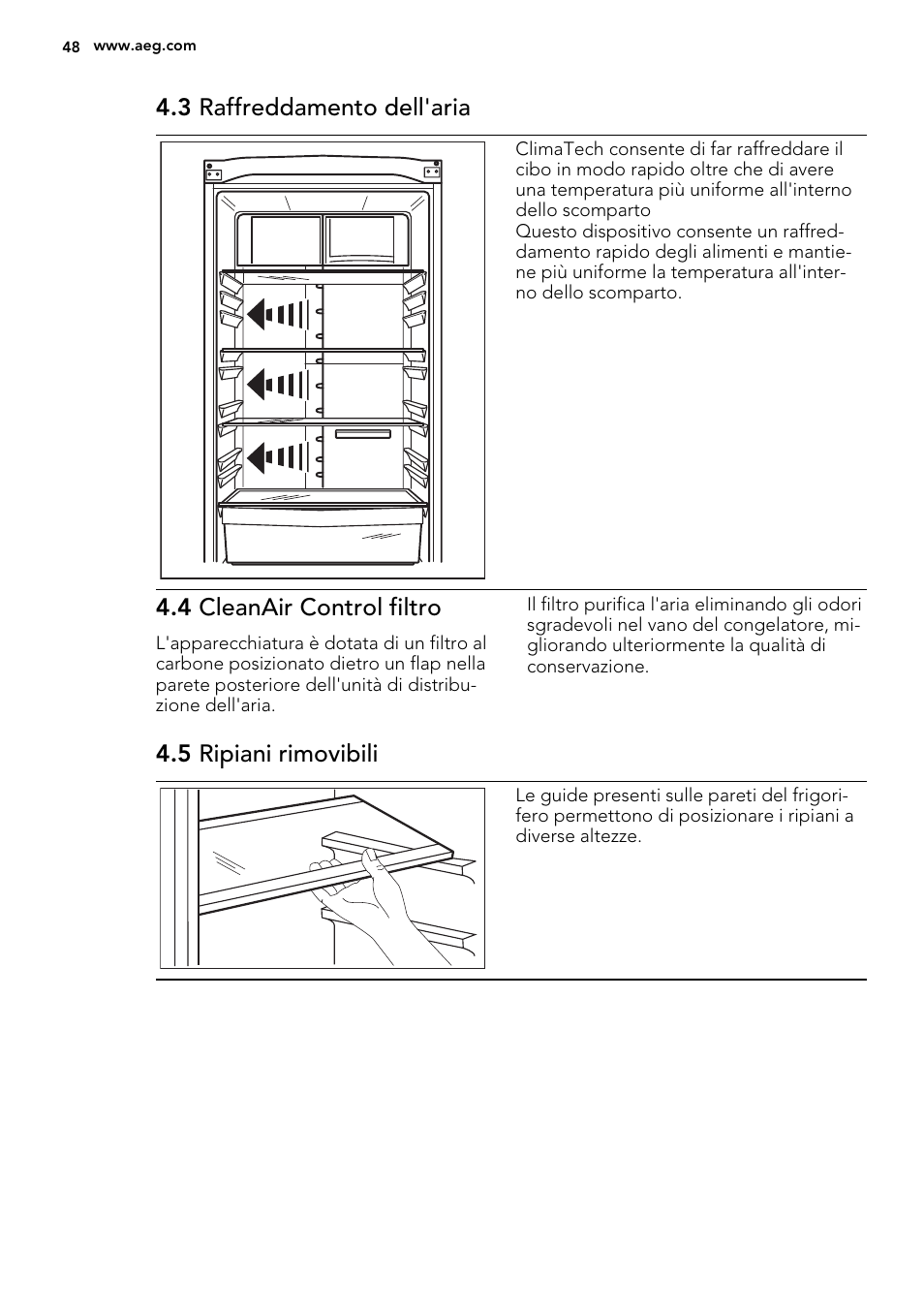 3 raffreddamento dell'aria, 4 cleanair control filtro, 5 ripiani rimovibili | AEG S83200CMW0 User Manual | Page 48 / 60