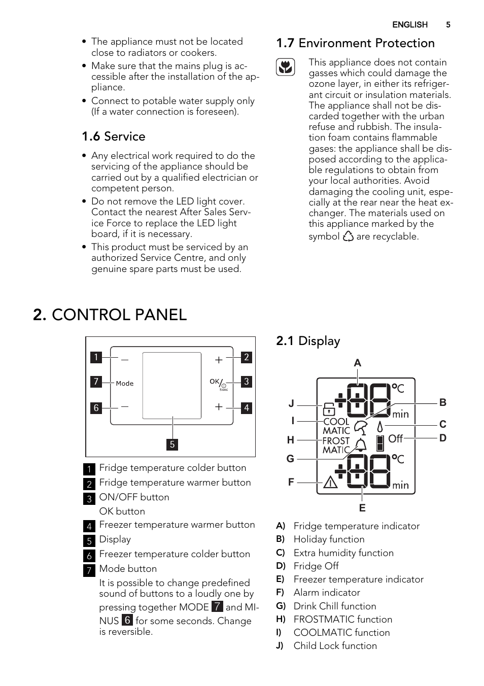 Control panel, 6 service, 7 environment protection | 1 display | AEG S83200CMW0 User Manual | Page 5 / 60