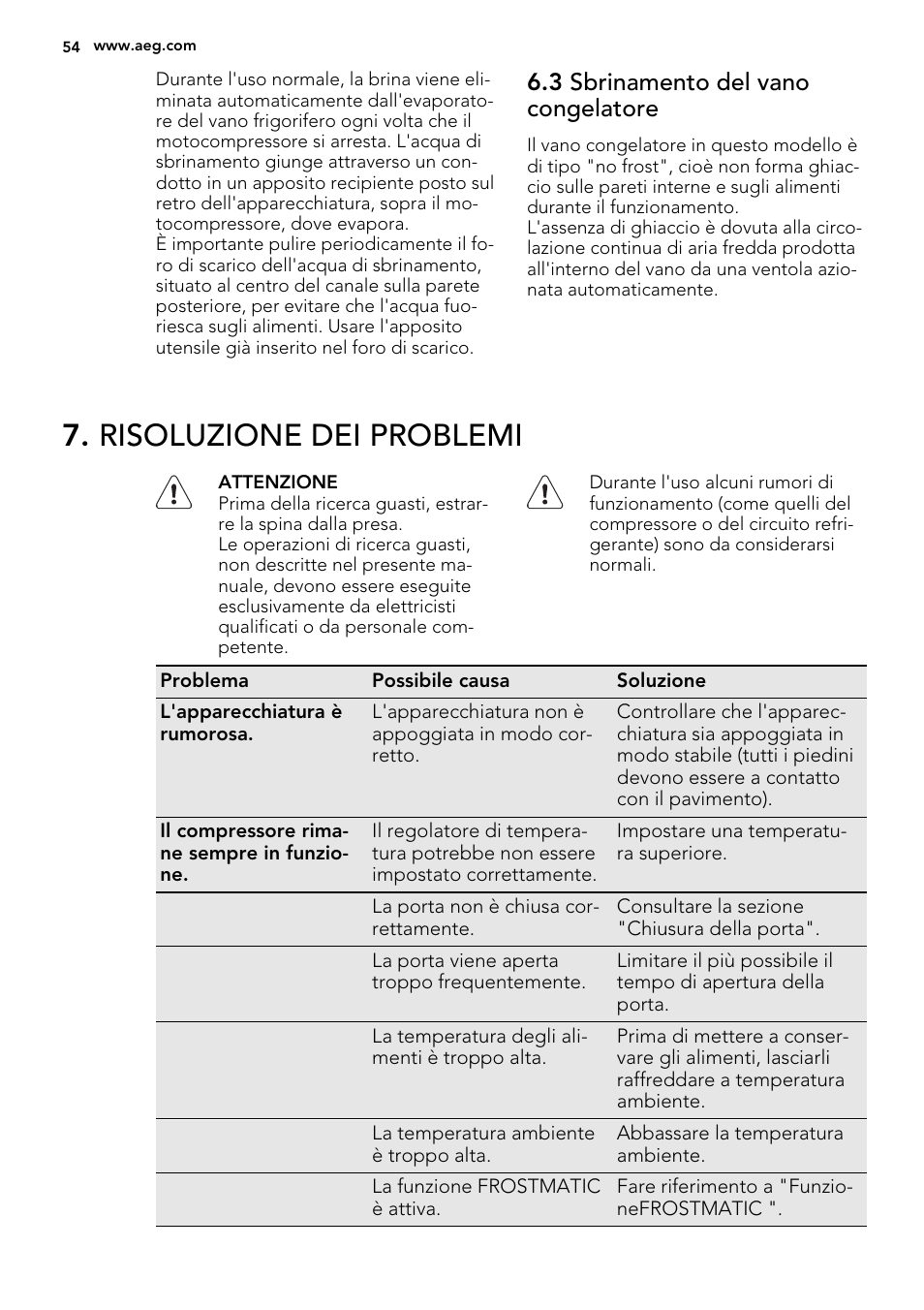 Risoluzione dei problemi, 3 sbrinamento del vano congelatore | AEG S83200CMW0 User Manual | Page 54 / 60