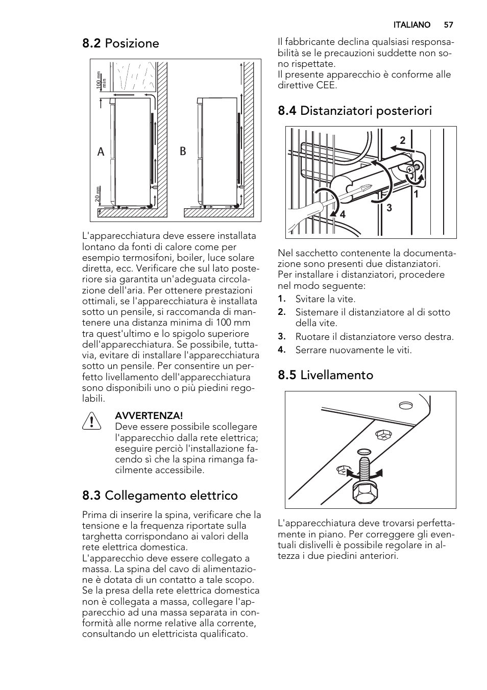 2 posizione, 3 collegamento elettrico, 4 distanziatori posteriori | 5 livellamento | AEG S83200CMW0 User Manual | Page 57 / 60