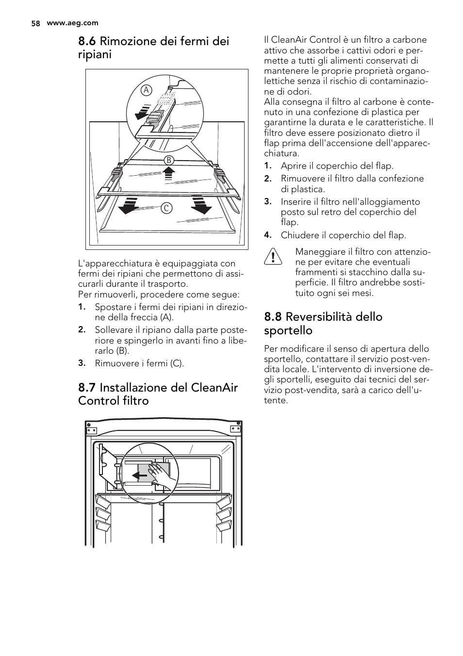 6 rimozione dei fermi dei ripiani, 7 installazione del cleanair control filtro, 8 reversibilità dello sportello | AEG S83200CMW0 User Manual | Page 58 / 60