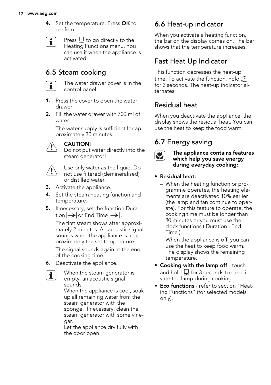 5 steam cooking, 6 heat-up indicator, Fast heat up indicator | Residual heat, 7 energy saving | AEG MCD3881E-M User Manual | Page 12 / 28